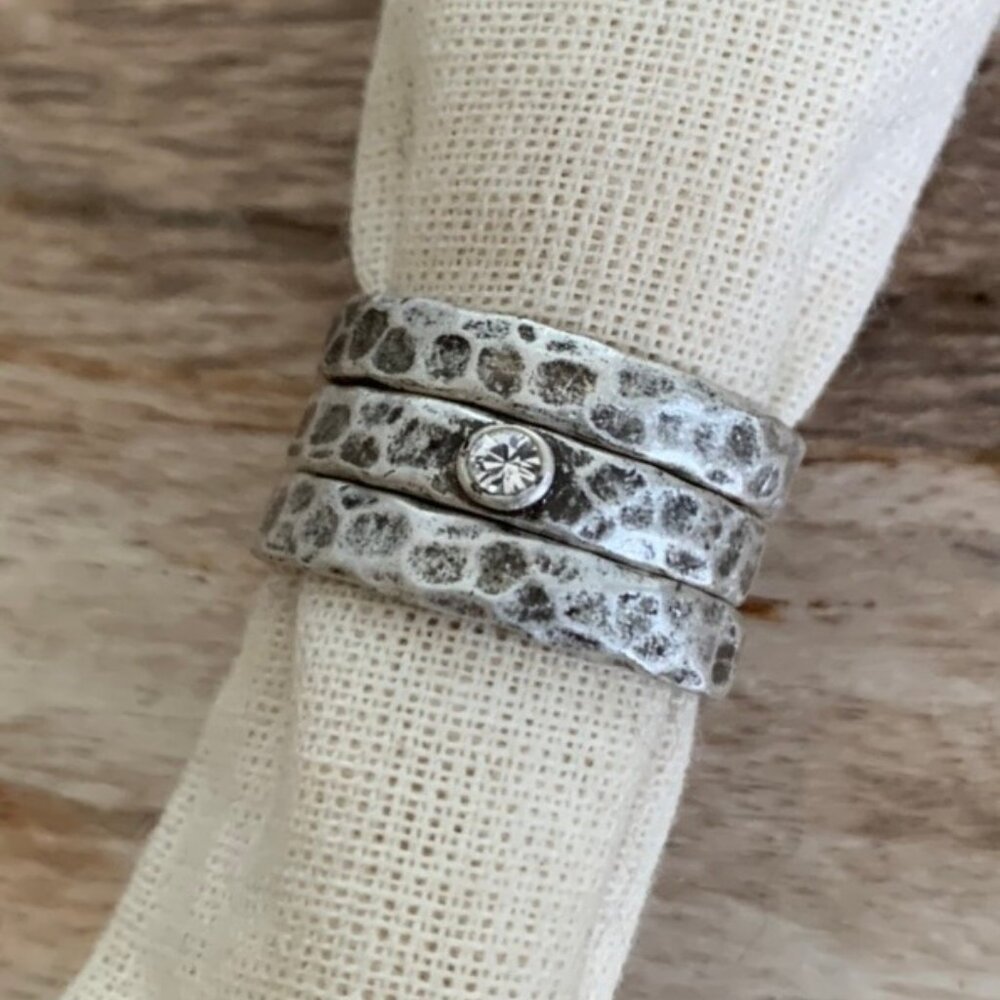 Dyrberg/Kern Ymir Swarovski Crystal hammered metal 3 ring set